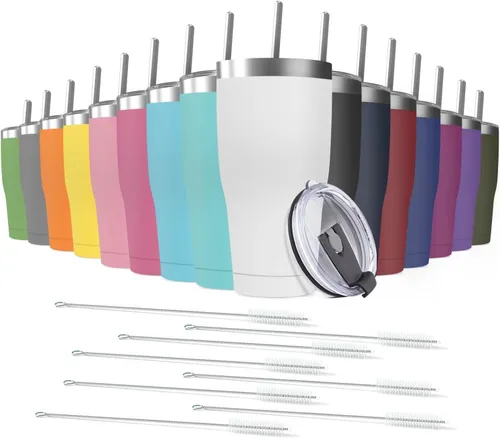 Miniatura 15 de Paquete de 8 vasos de acero inoxidable de 30 onzas a granel reutilizables con tapa, taza de café con recubrimiento de polvo de doble pared
