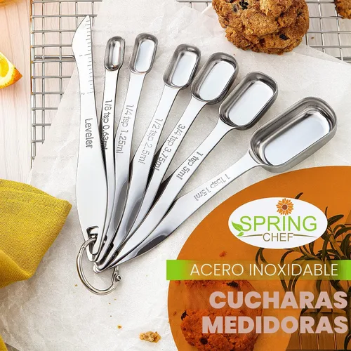 Miniatura 2 de Spring Chef Juego de 7 cucharas medidoras de acero inoxidable con nivelador, cucharadita de metal rectangular y cucharada medidora para ingredientes
