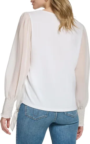 Miniatura 3 de Calvin Klein Blusa de manga fruncida con dobladillo de nudo mate para mujer