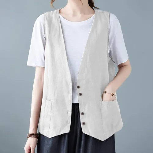 Miniatura 16 de COTECRAM Chaleco de lino de algodón para mujer, casual, sin mangas, con botones, ligero, para verano, holgado, ropa de abrigo