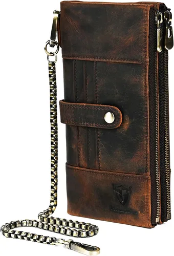 Miniatura 8 de Genuino Caballo Loco Cuero Regalo de Viaje Moneda Bolsillo Tarjetero Organizador Largo Cadena Rfid Cartera Monedero Con Broche Para Hombres Hombres