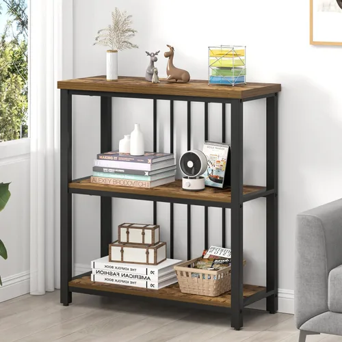 Miniatura 12 de FOLUBAN Estantería de 3 niveles, estantería industrial y estantes para libros, para dormitorio, madera rústica y metal, para oficina, roble