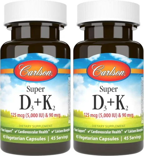 Miniatura 7 de Carlson - Super D3 + K2, 125 mcg (5000 UI) de vitamina D3, 90 mcg de vitamina K2 como MK-7, soporte óseo, absorción de calcio, 45 cápsulas