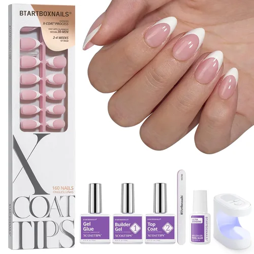 BTArtboxnails XCOATTIPS - Uñas a presión, puntas cortas de almendra con gel de uñas, dúo protector francés, lámpara de uñas, gel suave todo en uno,