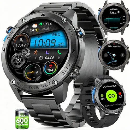 Reloj inteligente con GPS para hombre, reloj inteligente militar resistente, brújula, resistente al agua hasta 164.0 ft, batería grande de 500 mAh,