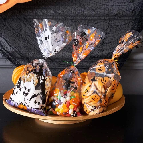 Miniatura 6 de CCINEE Bolsas de celofán para Halloween, 150 bolsas de plástico transparente para dulces con 300 giros para aperitivos y galletas