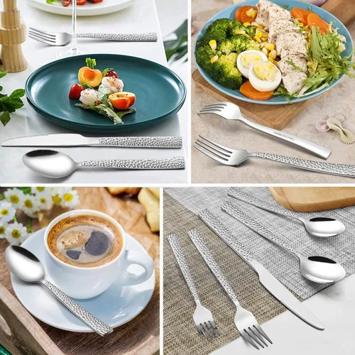Miniatura 5 de LIANYU Juego de cubiertos martillados de 24 piezas con tenedores de ensalada adicionales, cubiertos cuadrados de acero inoxidable para 4, utensilios