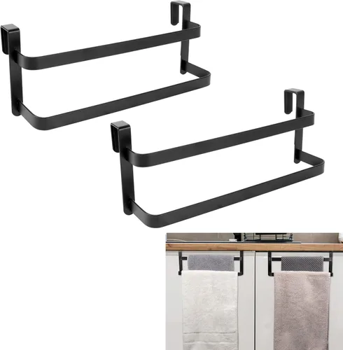 RedCall Paquete de 2 toalleros para armario de cocina, toallero de cocina de dos niveles, barra de toalla de acero sobre la puerta del gabinete,