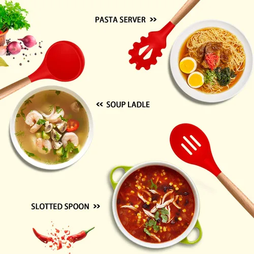 Miniatura 2 de MIBOTE Juego de utensilios de cocina de silicona, resistente a 230 °C, pinzas para voltear, espátula, cuchara, batidor, mango de madera, juego