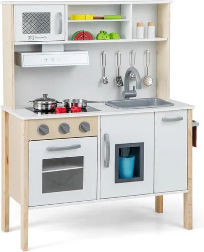 Miniatura 12 de HONEY JOY Juego de cocina para niños, cocina de madera para niños pequeños, microondas, campana extractora, máquina de hielo, 18 accesorios de Gris