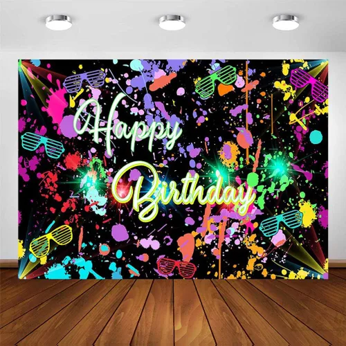 Avezano Telón de fondo neón para fiesta de cumpleaños de 7 x 5 pies, que brilla en la oscuridad, salpicadura de grafiti de feliz cumpleaños,
