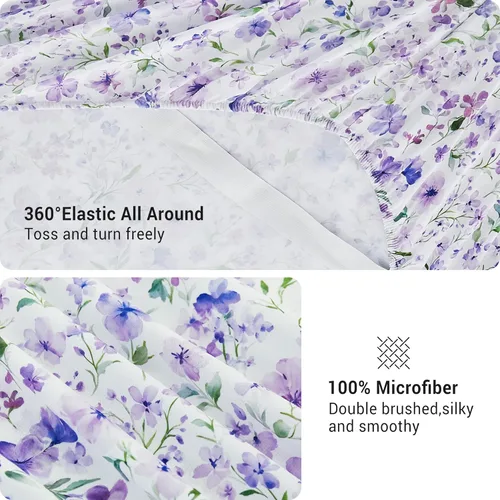 Miniatura 88 de Viviland Juego de sábanas de 3 piezas con estampado botánico de mariposas y flores rosas y moradas, sábanas de microfibra suave y transpirable