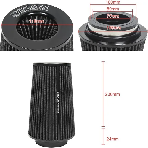 Miniatura 139 de KYOSTAR Filtro de aire universal de alto flujo de 3" (76 mm), entrada de aire frío de cono reutilizable, alto rendimiento, lavable, kit de aire seco
