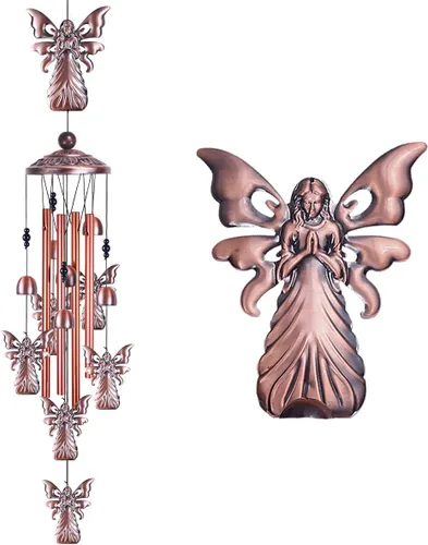 Miniatura 8 de Campanillas de viento de ángel de jardín de 36 pulgadas para decoración interior y exterior, con 4 tubos de aluminio, 6 campanas, 7 ángeles