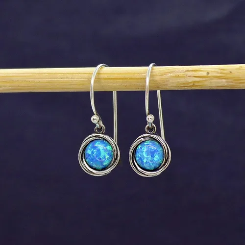 Miniatura 6 de Opal Earrings, Sterling Silver Dangle Earrings for women, Small round Blue Opal silver dangle earring, October Birthstone, Simple Opal earrings