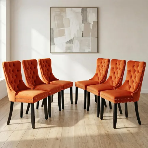 Miniatura 163 de OVENTA Juego de 4 sillas de comedor modernas tapizadas copetudas, terciopelo negro y gris y cuero con patas de madera maciza, sillas de cocina