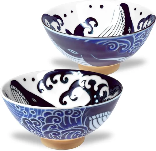 Mino Ware - Tazón de arroz japonés, sopa de fideos de ramen de arroz, pasta Sarada, Chawn de ballena ondulada, 4.6 pulgadas, 10 onzas, juego de 2