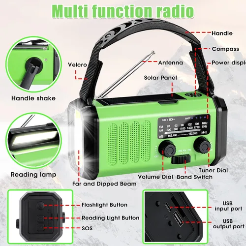 Miniatura 6 de Radio de emergencia con manivela de 10000 mAh, radio meteorológica NOAA con radio AM/FM y solar, batería recargable, linterna y luz de lectura