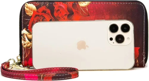 Miniatura 28 de Cartera de mano para mujer, estilo bohemio, con RFID, elegante, espaciosa con correa para viajes, capacidad para tarjetas, teléfono, dinero