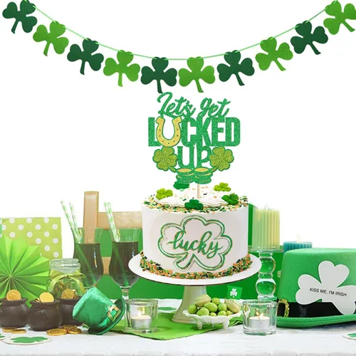 Miniatura 7 de Juego de 1 palillos para tartas de trébol, decoración de trébol con purpurina verde dorada para cumpleaños, baby shower, suministros de fiesta