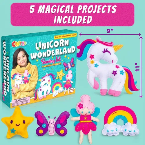 Miniatura 2 de Kit de Costura de Unicornio Mágico para Niñas de 7+ - Crea 5 Adorables Animales de Fieltro y una Almohada Acogedora - Manualidades DIY Divertidas