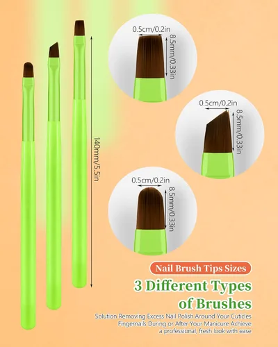 Miniatura 6 de 3 piezas de brochas de limpieza de arte de uñas, brochas de uña redondas/anguladas/planas resistentes a la acetona para remover esmalte de gel