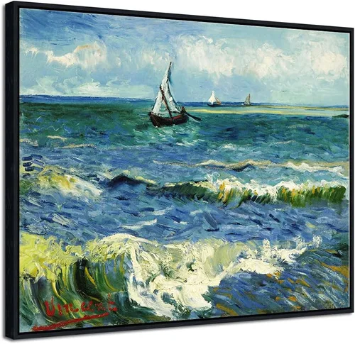 Miniatura 17 de Wieco Art Arte enmarcado negro paisaje marino en Saintes Maries por Vincent Van Gogh pinturas al óleo Reproducción modernas impresiones en lienzo