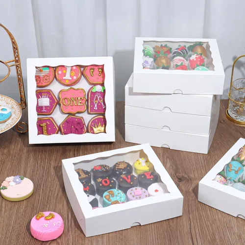 Miniatura 8 de RomanticBaking 15 cajas de panadería de 8 x 8 x 2 pulgadas con ventana, cajas de galletas cubiertas de chocolate, caja de fresas para panadería