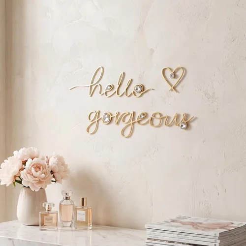 ZEXUIRU 3 Pcs Hello Gorgeous Metal Art for Wall Decor Living Room Bathroom Bling Modern Elegant Minimalist Heart-Shaped Silhouette Wall Art Signs