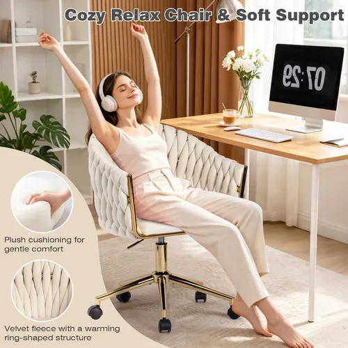 Miniatura 3 de Silla de Oficina de Terciopelo Tejida a Mano, Sillas de Escritorio de Tocador Beige con Ruedas Doradas, Silla Giratoria de 360° para Oficina en Negro