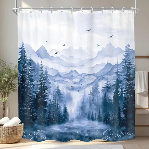 KOMLLEX Cortina de ducha de montaña azul para decoración de baño, 72 pulgadas de ancho x 72 pulgadas de alto, rústico, acuarela, bosque, pino,