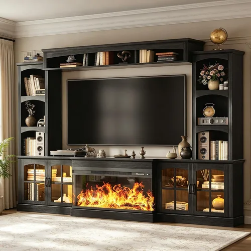 Miniatura 19 de MXV - Soporte de chimenea para TV de 59 pulgadas, centro de entretenimiento estilo granja con soporte de TV de 3 lados de vidrio, consola multimedia
