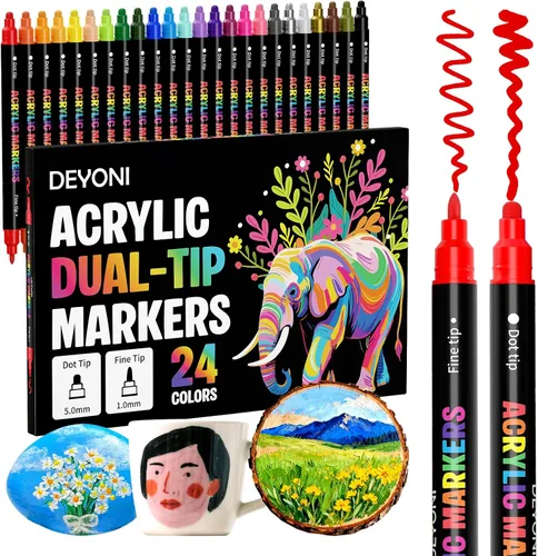 Marcadores de pintura acrílica de 24 colores, marcadores de pintura acrílica de doble punta para rocas, tela, madera, vidrio, manualidades,