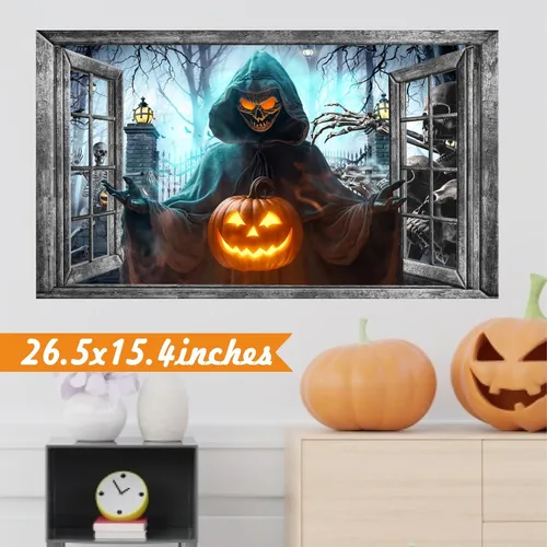 Miniatura 8 de Decoración de pared de Halloween, calcomanías de Halloween 3D para ventana falsa, despegar y pegar, calabazas, esqueleto, murales artísticos