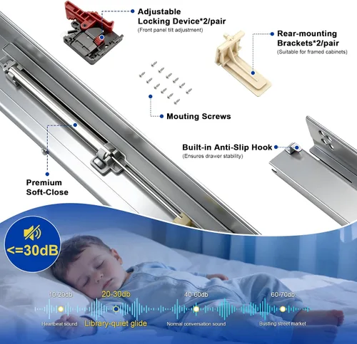 Miniatura 3 de Knobonly - Guías de acero laminado en frío para cajones de cierre suave, vienen con tornillos y soportes de montaje, rieles y guías de cajones