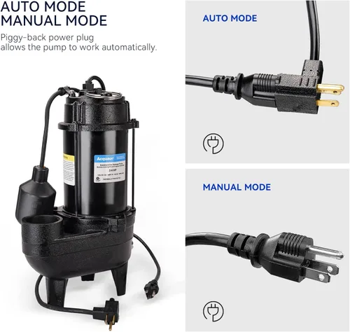 Miniatura 5 de Acquaer 3/4HP Bomba sumergible de efluentes de aguas residuales, hierro fundido, interruptor de flotador automático amarrado de 115V 6400 GPH, bomba