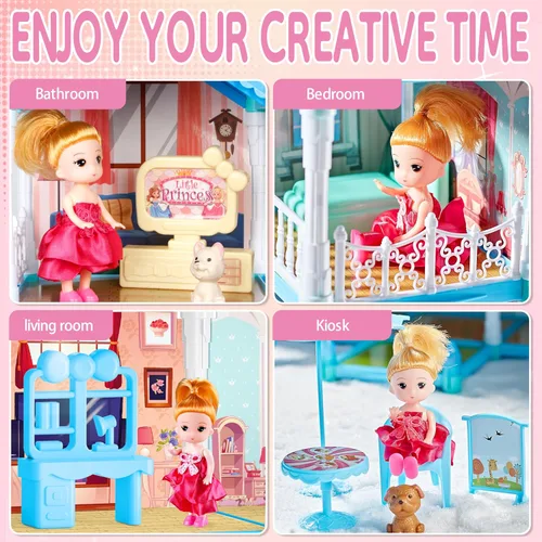 Miniatura 3 de Seifar Juego de casa de muñecas para niños y niñas, 4 pisos, 13 habitaciones, 2 muñecas y 2 cachorros, muebles y accesorios para niñas de 5, 6, 7, 8