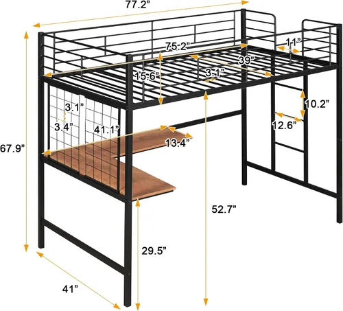Miniatura 2 de SOFTSEA Cama tipo loft de metal doble con escritorio y rejilla de metal, marco de cama de acero de estilo industrial para niños y adolescentes