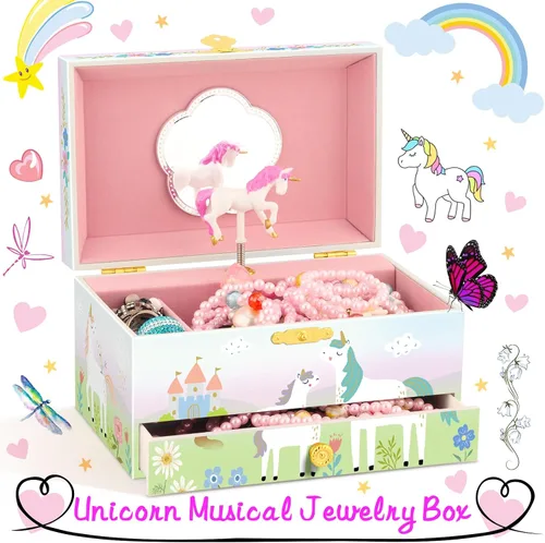 Miniatura 40 de RR ROUND RICH DESIGN - Joyero musical para niñas con cajón y juego de joyas con tema de bailarina, melodía de “El lago de los cisnes”, color rosado
