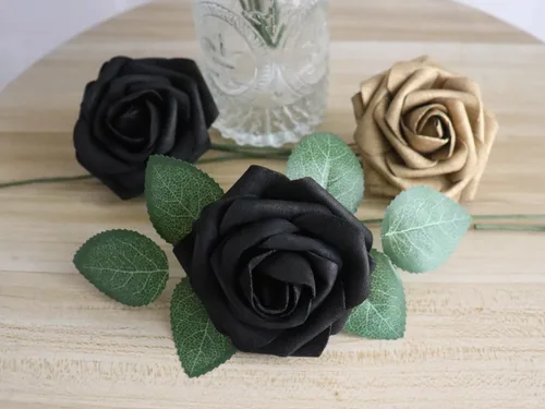 Miniatura 4 de Flores artificiales, 25 unidades, rosas de espuma de aspecto real dorado y negro, rosas falsas con tallos para ramos de boda, centros de mesa, baby