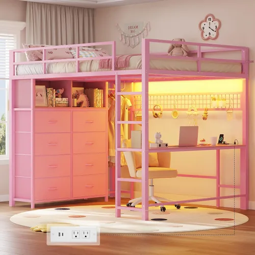 Miniatura 14 de ADORNEVE Cama tipo loft de tamaño individual con escritorio y 8 cajones de almacenamiento, cama alta de metal individual con luces LED y estación