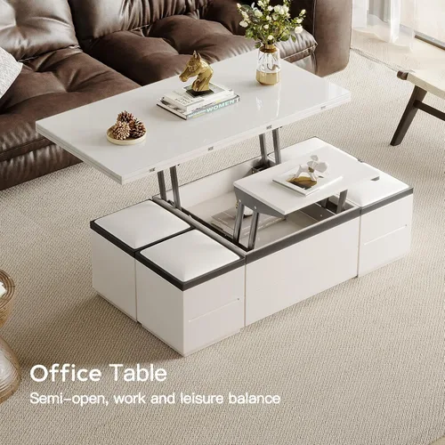 Miniatura 7 de Mesa auxiliar elevable con 4 taburetes, mesa de centro moderna de 47 pulgadas que se convierte en mesa de comedor con ruedas y cajones, mesa central