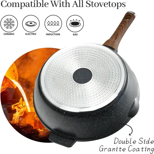 Miniatura 6 de Sartén antiadherente de 12 pulgadas con tapa y espátula, sartén jumbo de 6 cuartos de galón con boquilla de vertido, wok de chef de granito