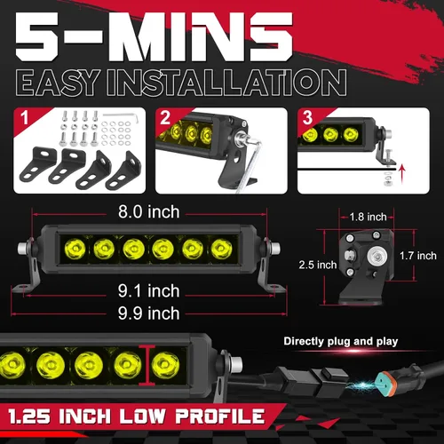Miniatura 2 de OFFROADTOWN 8inch 120W 2pcs LED Light Bar Amber Single Row Fog Lights LED Pods Slim Offroad Driving Lights Yellow Spot Bumper Light with Wiring