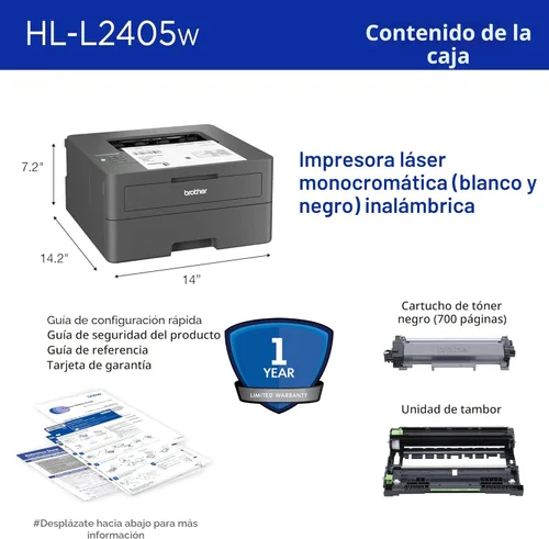 Miniatura 7 de Impresora láser monocromática compacta inalámbrica Brother HL-L2405W con impresión móvil, salida en blanco y negro Incluye prueba de suscripción