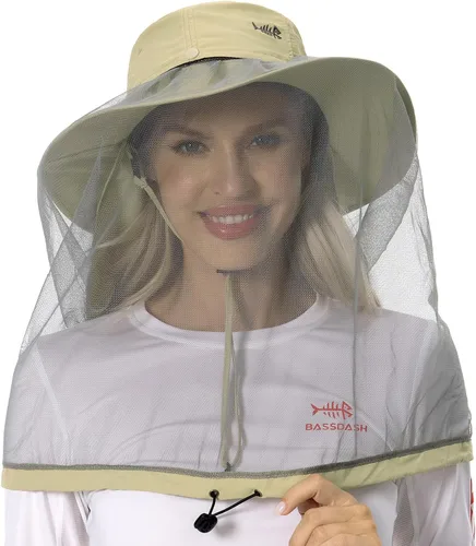 BASSDASH Sombrero de mosquito UPF 50+ con red oculta para la cabeza y solapa para el cuello, para hombres y mujeres, pesca al aire libre, Caqui