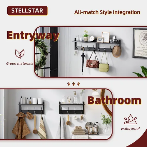 Miniatura 6 de STELLSTAR Perchero con estante, paquete de 2 perchas de bambú para montar en la pared con 8 ganchos para entrada, pasillo, cocina, baño, sala
