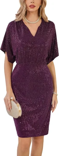 GRACE KARIN Vestidos de lentejuelas para mujer, mangas brillantes de murciélago, cuello con muescas, vestido midi ajustado para cóctel, fiesta, cita
