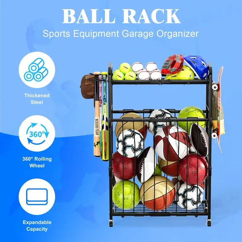 Miniatura 9 de Estante de almacenamiento para pelotas de garaje, organizador de equipo deportivo con ruedas, carrito de pelota deportiva con cuerda elástica
