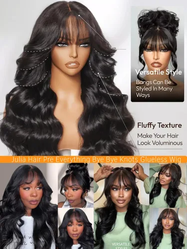 Miniatura 3 de Julia Hair Pelucas frontales de encaje sin pegamento 13X4 HD Pre Everything de cabello humano esponjoso natural ondas sueltas con flequillo cortina